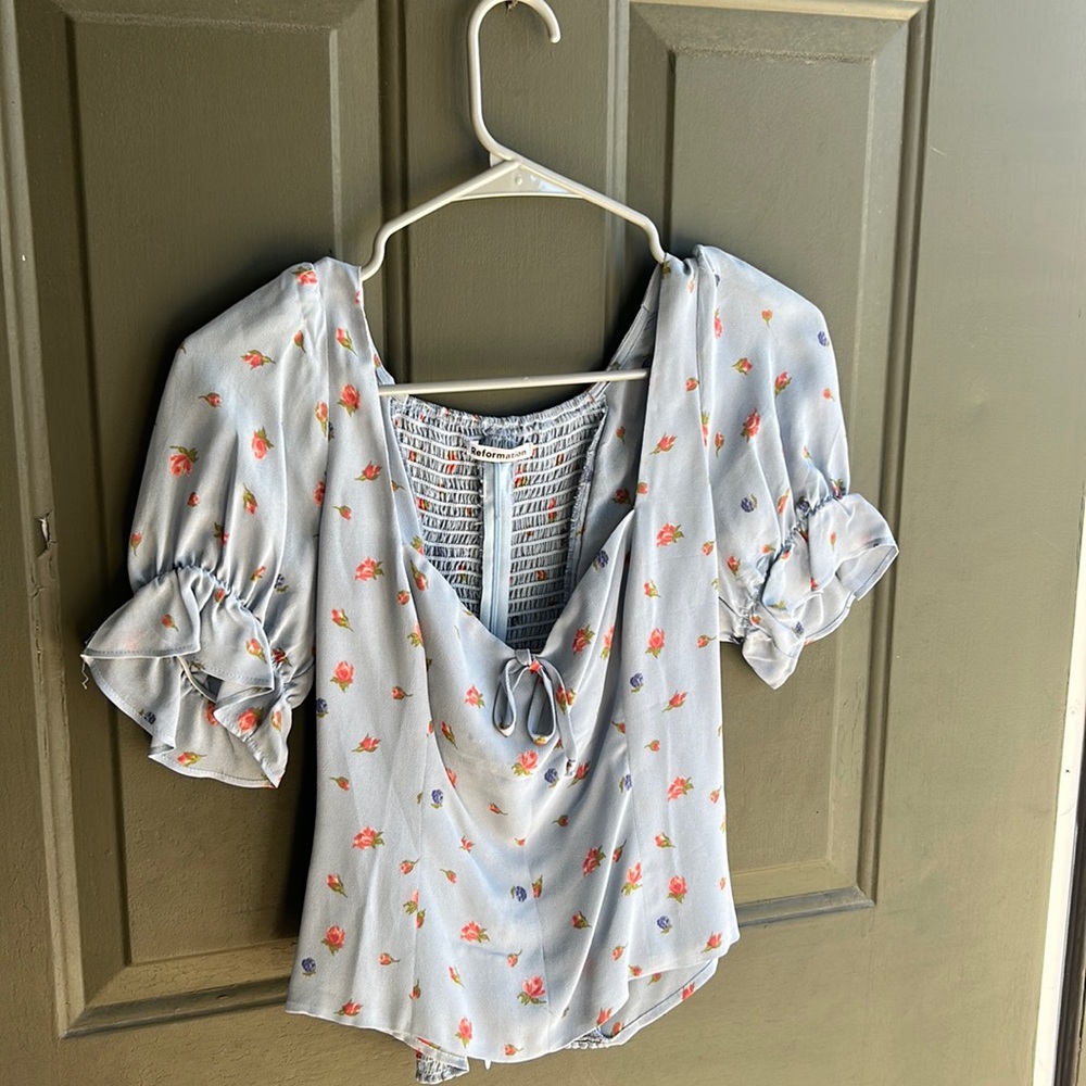 Reformation Floral Blouse - Light Blue with Red and Pink Accents